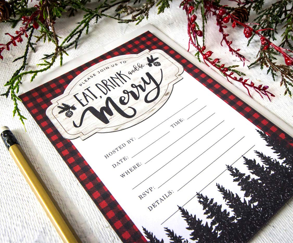 Eat, Drink & Be Merry! Set of Woodsy Holiday Party Invitations