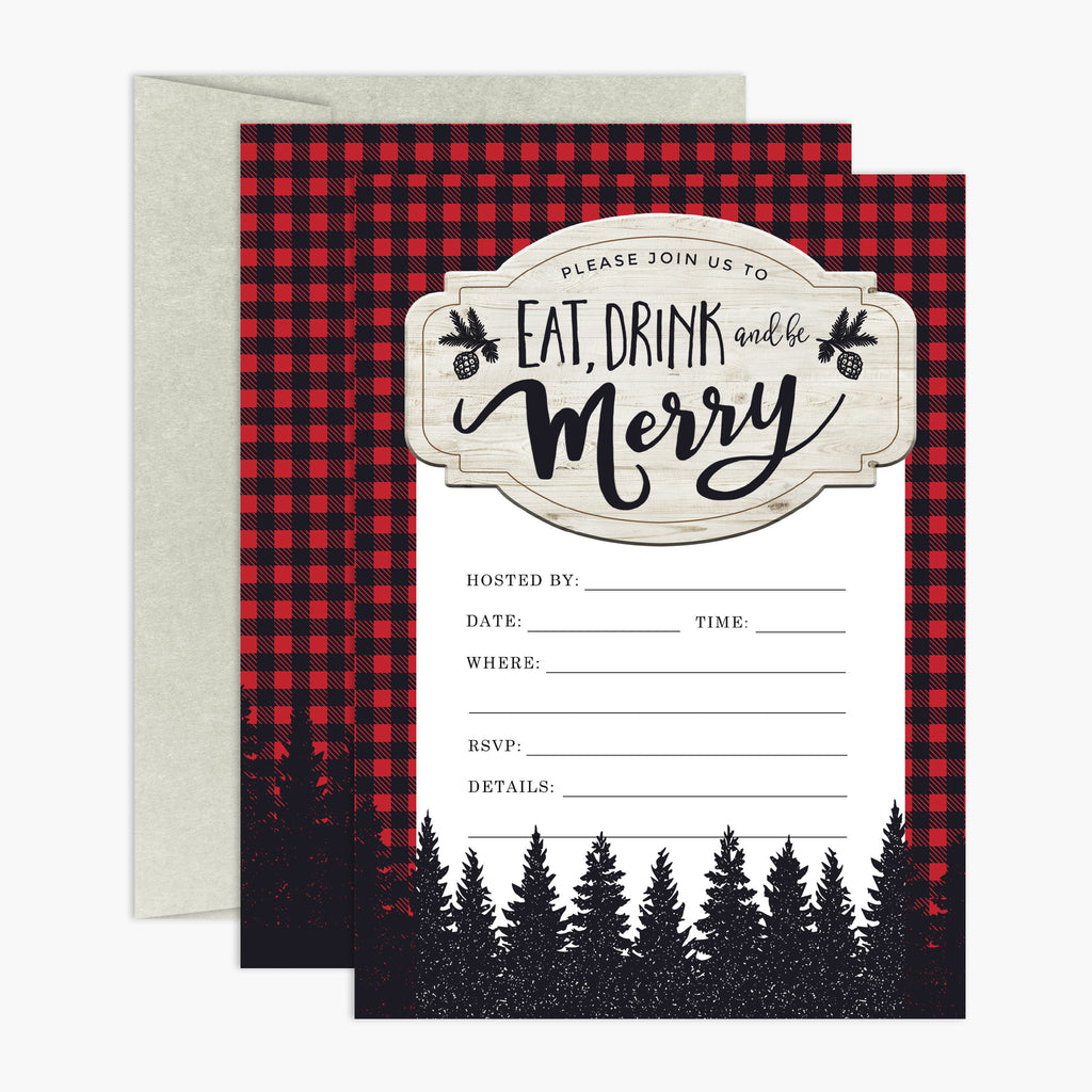 Eat, Drink & Be Merry! Set of Woodsy Holiday Party Invitations