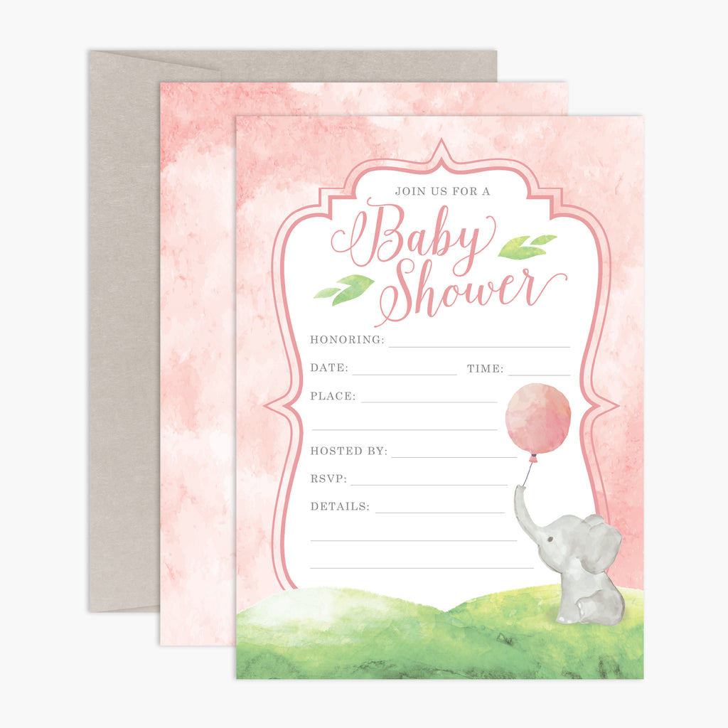 Set of Watercolor Elephant Baby Shower Invitations